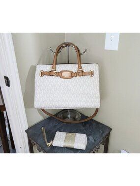 Michael Kors Signature Logo Hamilton Satchel Handbag & Wallet Cream Brown Gold